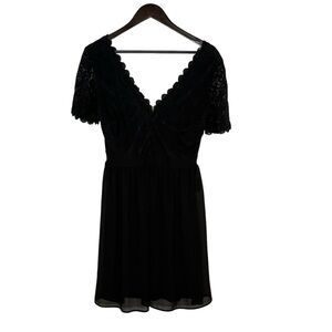 Mystic Black Lace Trim V Neck Short Sleeve Sheath Midi Dress